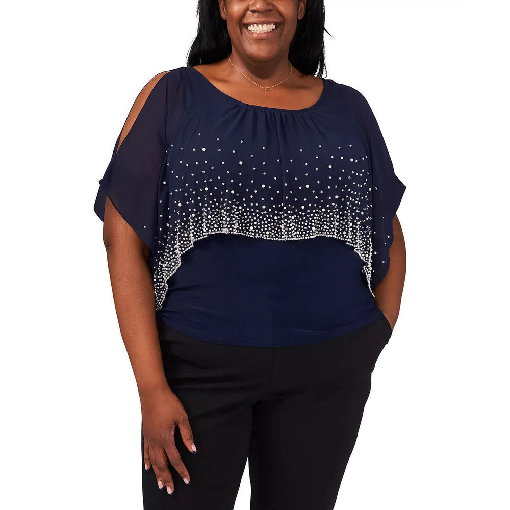 MSK Women's Plus Size Beaded Overlay Top Shirt 1X 1 X Navy